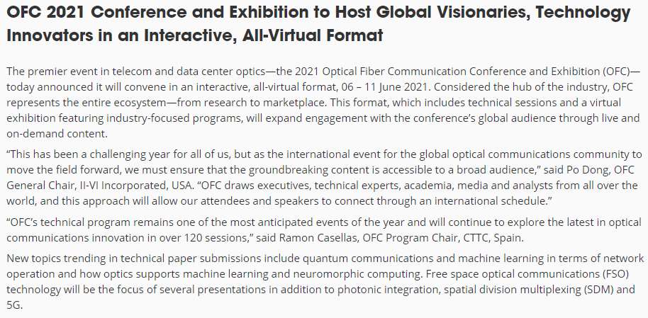濟(jì)寧光通信盛會(huì)OFC 2021將完全通過(guò)線上舉行